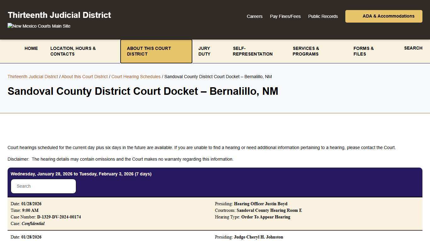 Sandoval County District Court Docket - Bernalillo, NM - Thirteenth Judicial District